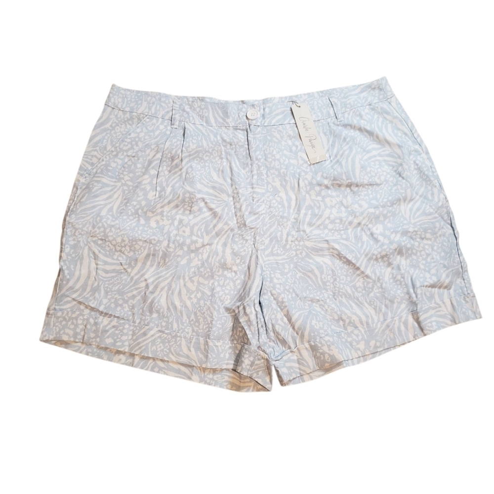 Charlie Paige Blue & White Leopard Print Linen Shorts NEW XL